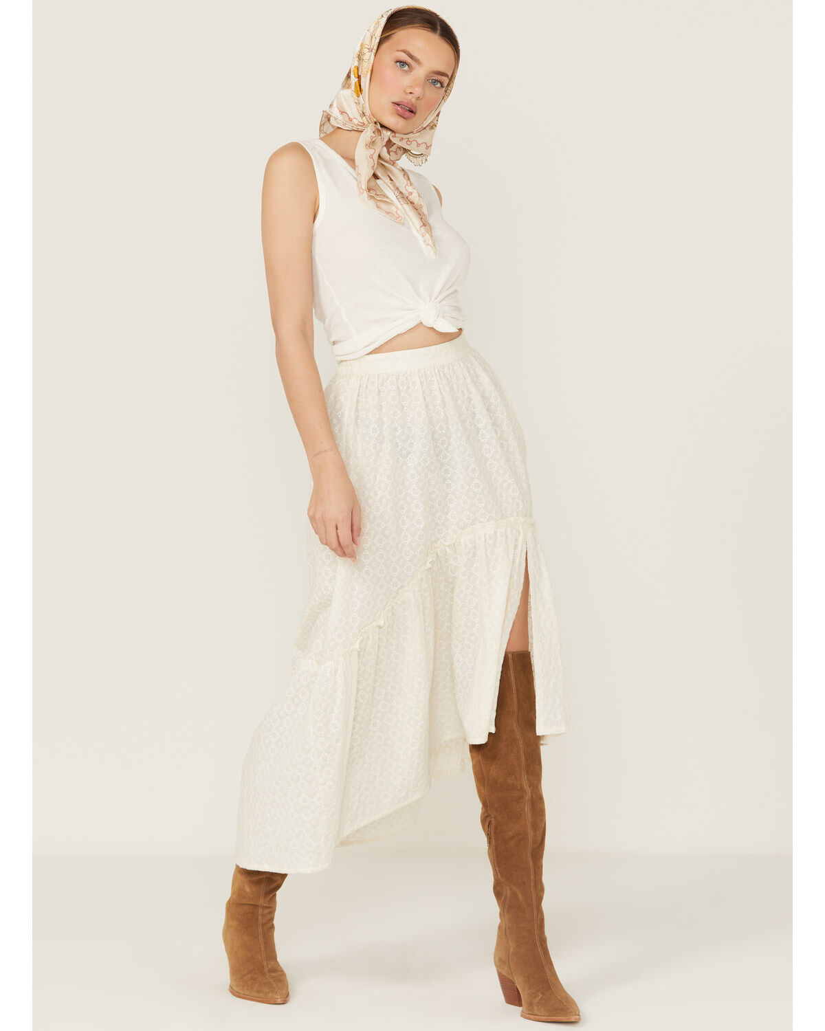 Women's Shyanne White Eyelet Hi Low Midi Skirt