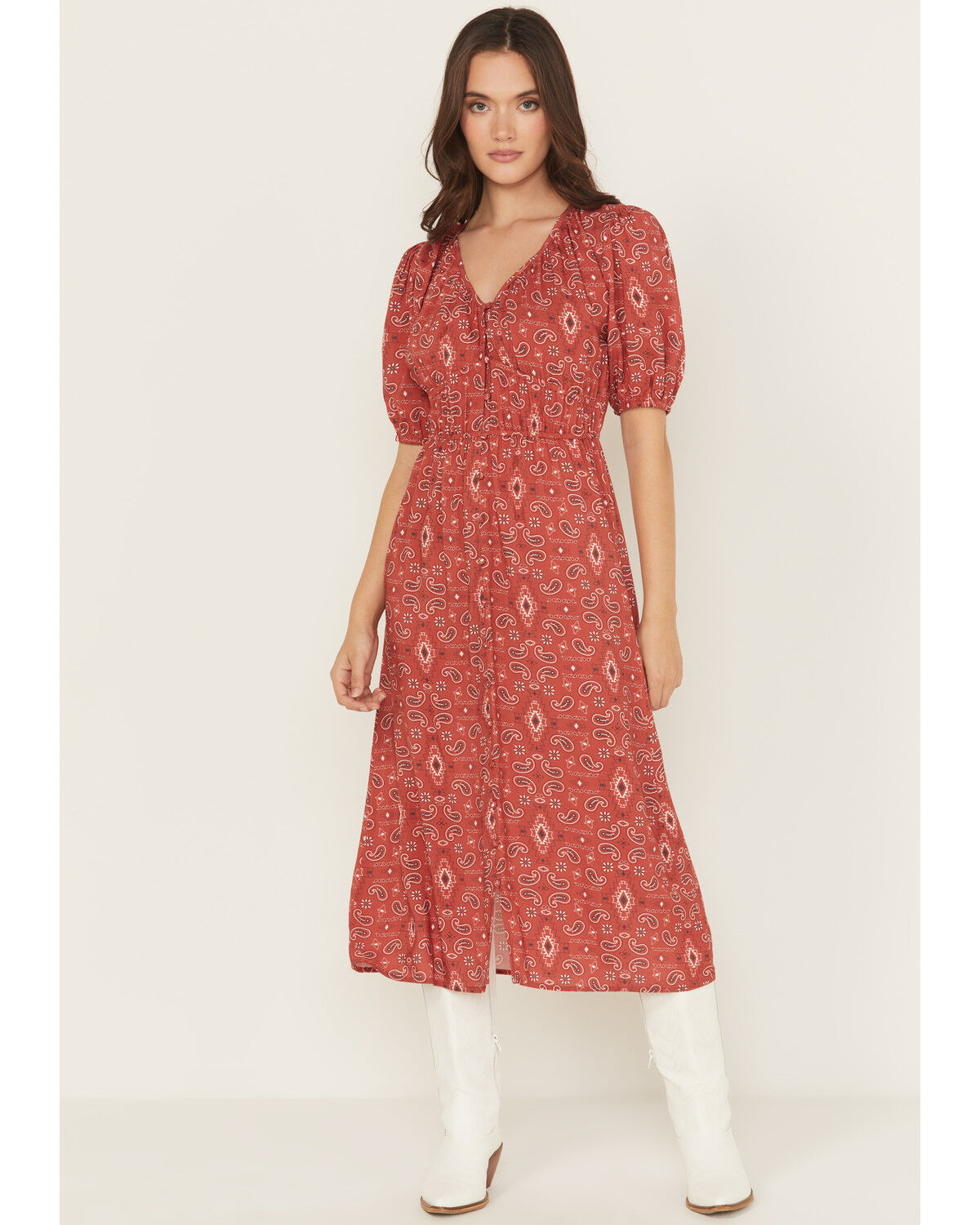 Women's Panhandle Paisley Print Puff Sleeve Midi Dress