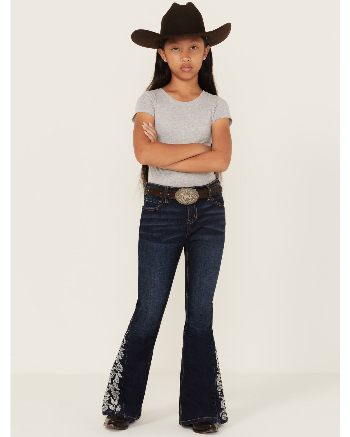 Girls' Shyanne Lacey Dark Wash Lace Inset Flare Stretch Denim Jeans