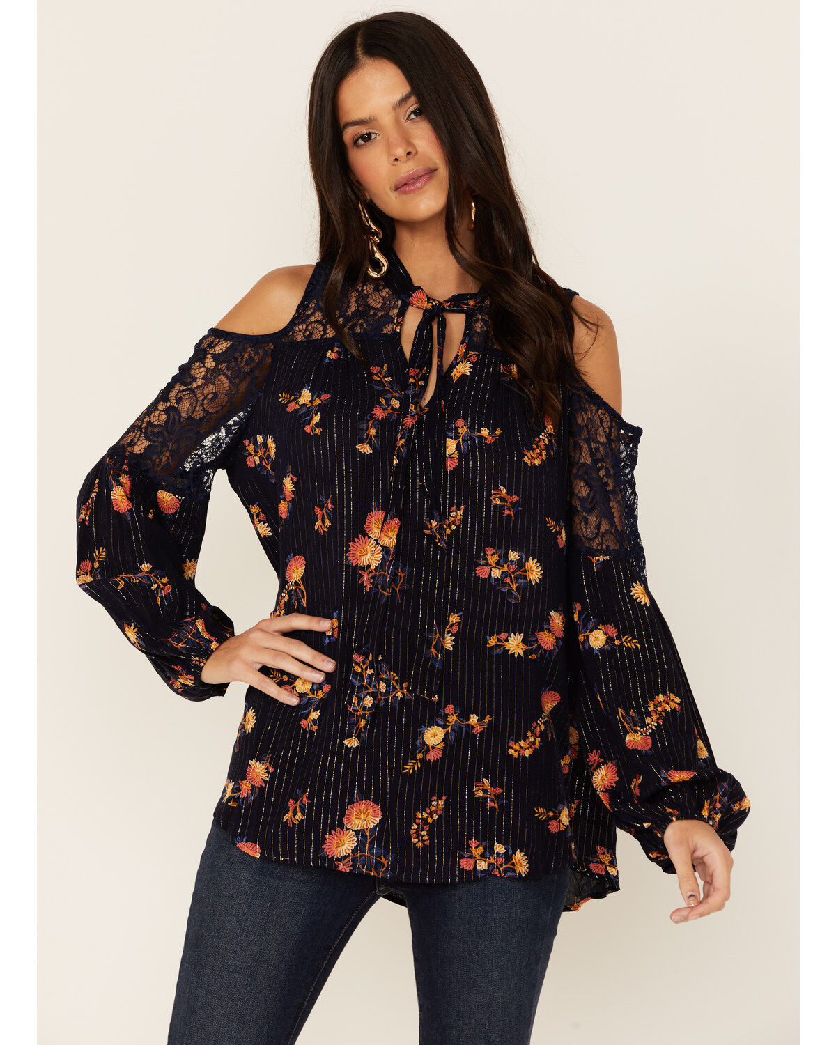 Women's Miss Me Cold Shoulder Long Sleeve Floral Top