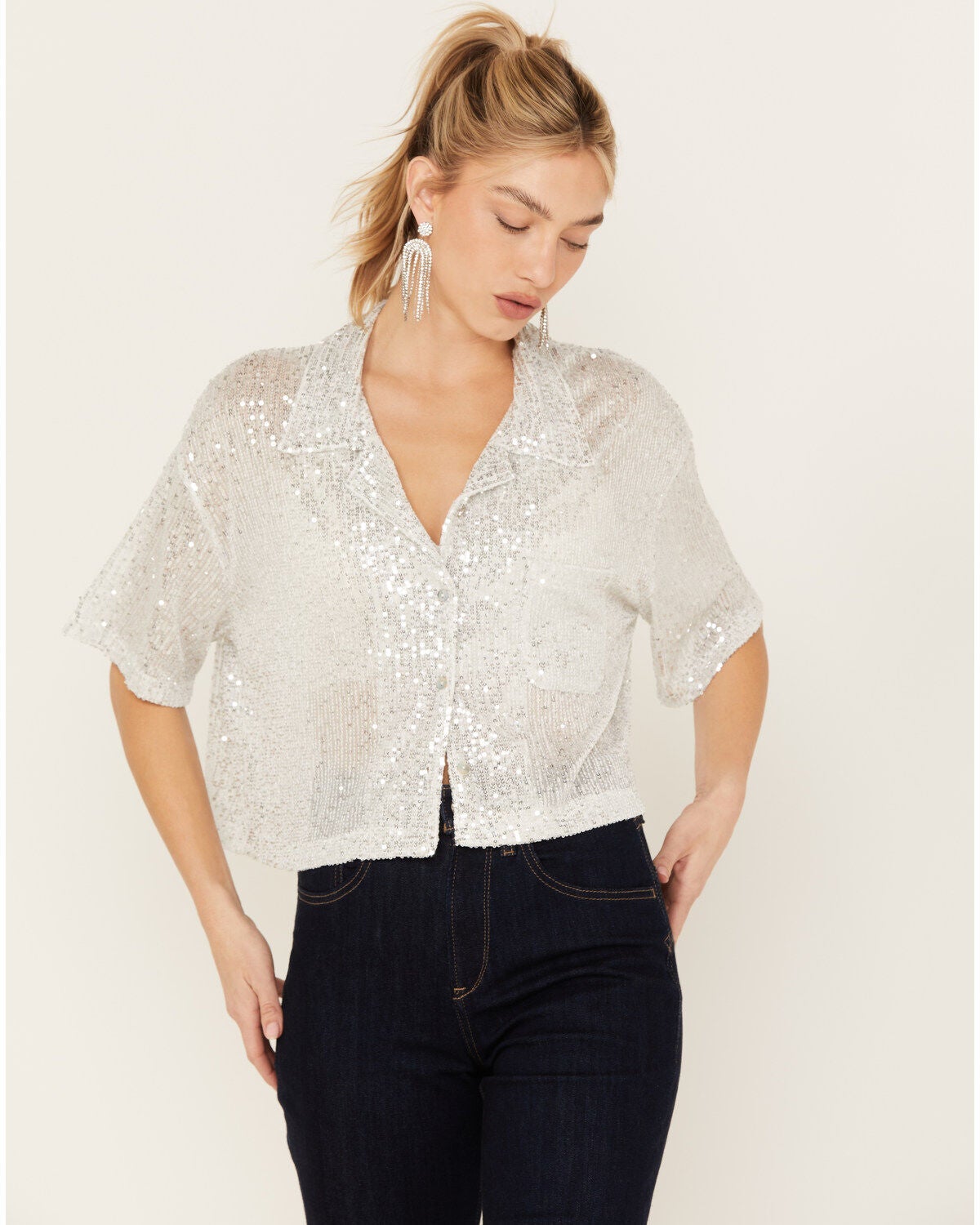 Women's POL Sequin Button Up Top