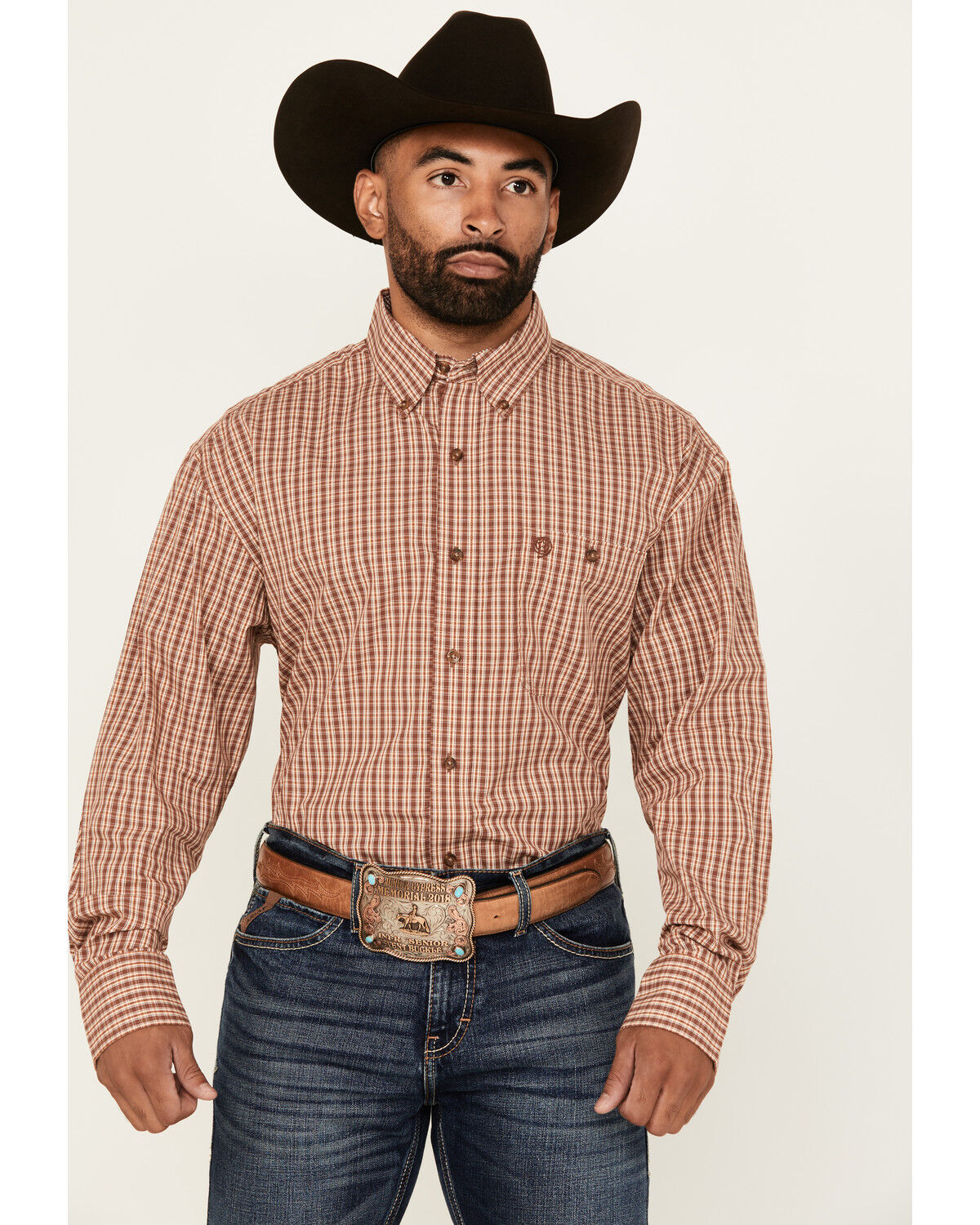 Men's Wrangler George Strait By Plaid Print Long Sleeve Button-Down St
