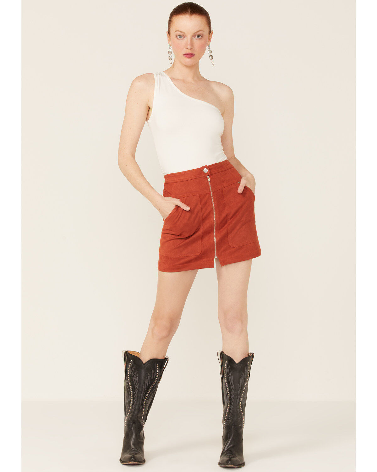 Women's Paper Crane Faux Suede Zipper Front Skirt