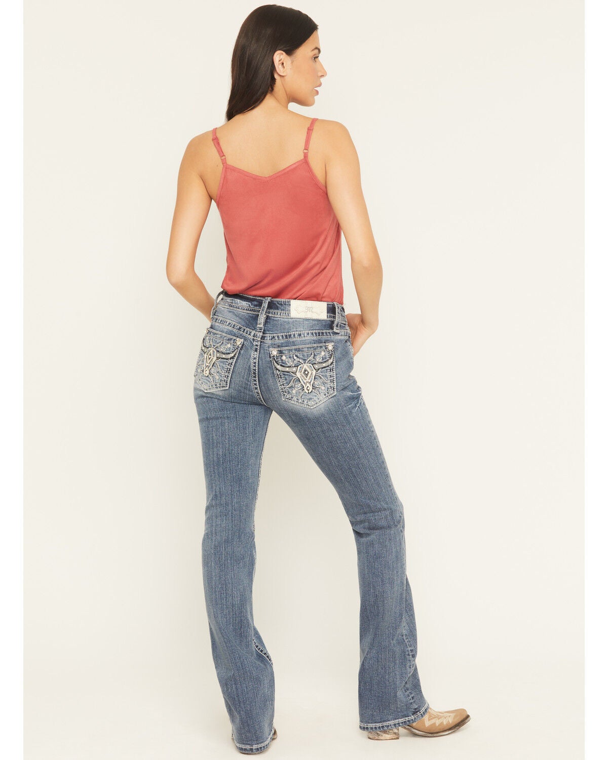 Miss Me Women’s Mid Rise Bootcut Jeans in Medium Wash – Cow Skull Pocket Embellished Denim, Size 27 x 34