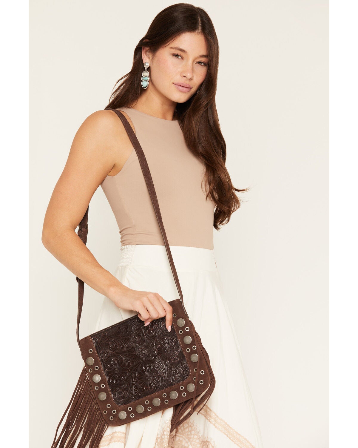 Women's Shyanne Briarwood Fringe Tooled Crossbody Bag