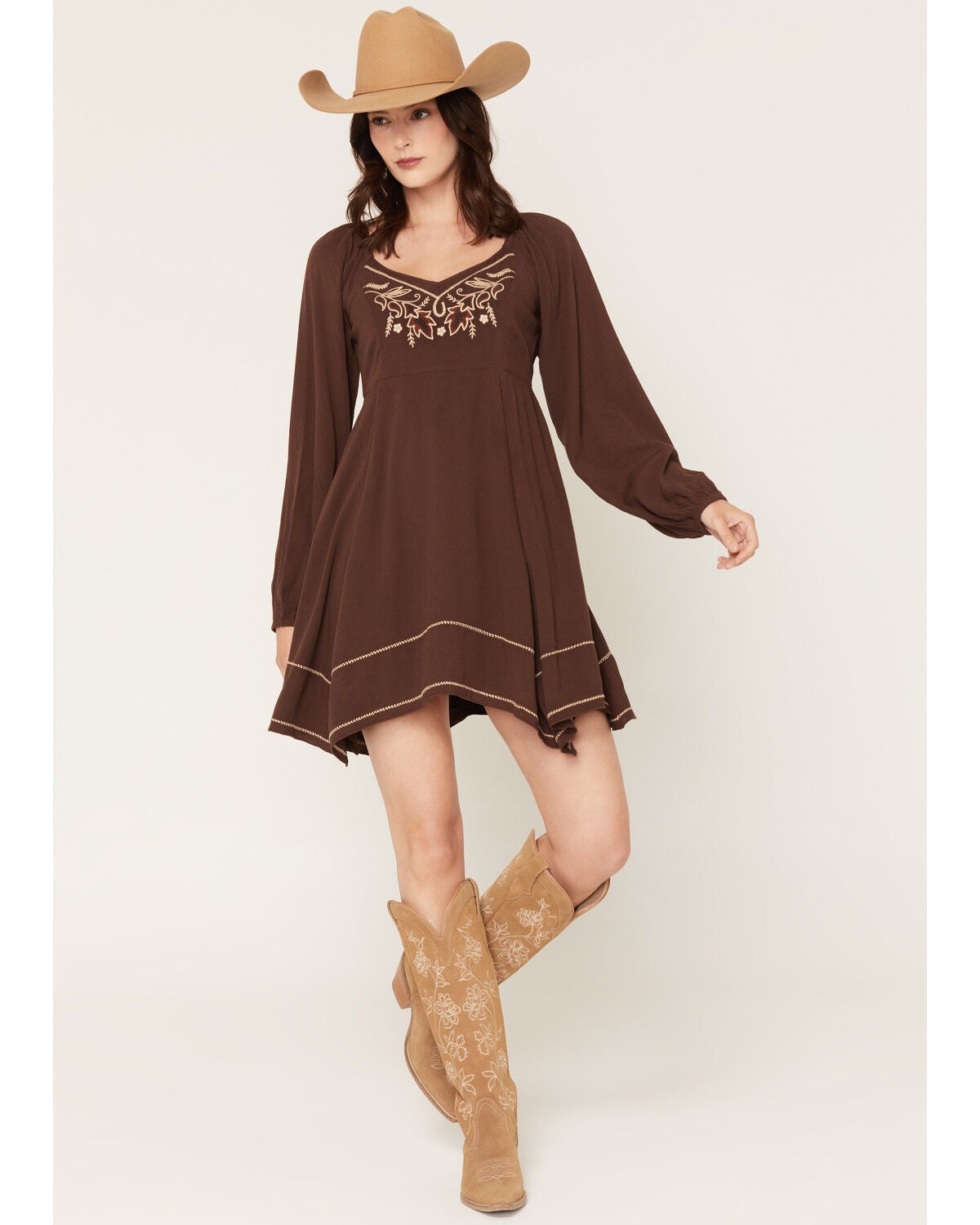Women's Shyanne Piper Hanky Hem Embroidered Long Sleeve Mini Dress