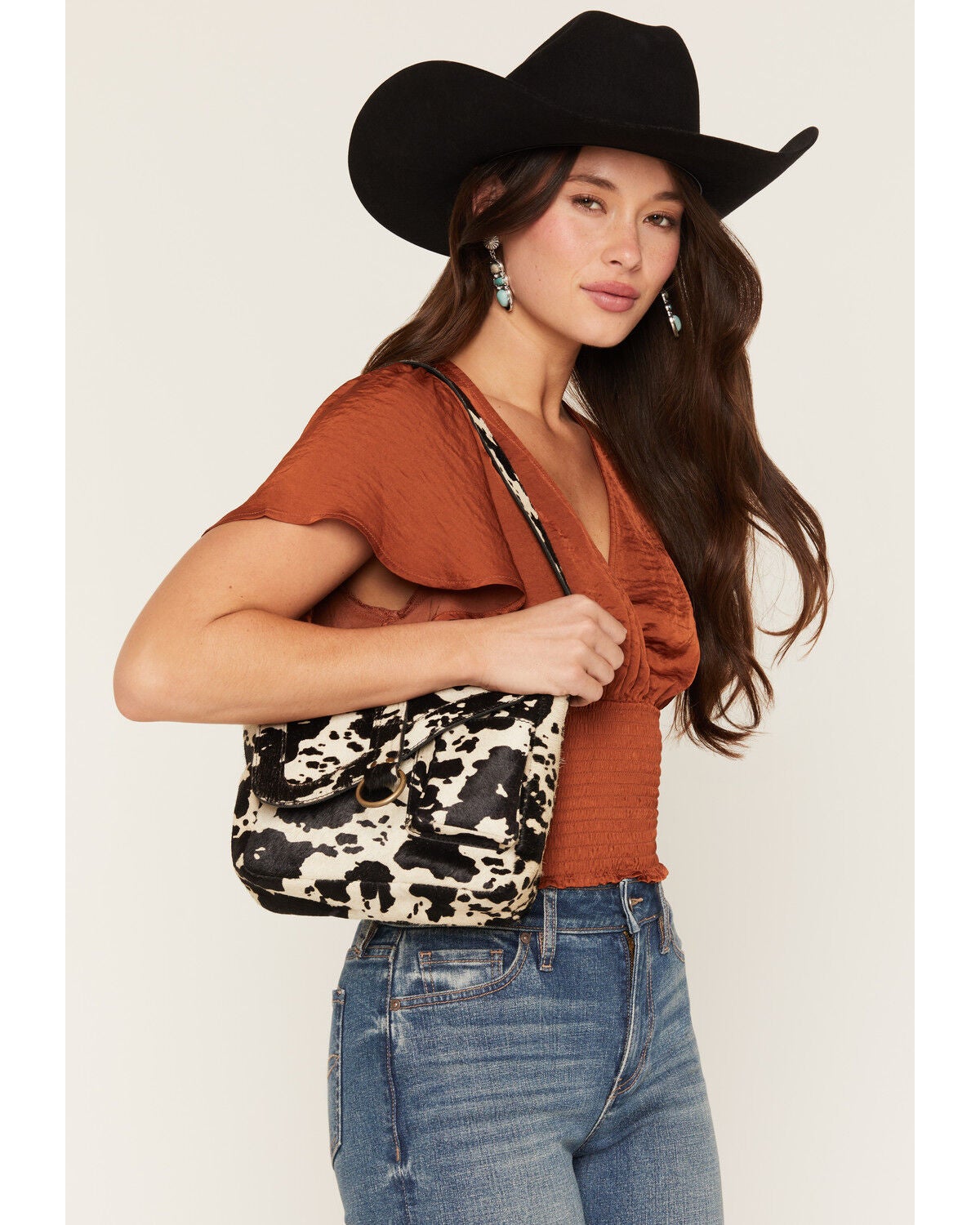 Women's Shyanne Sorrel Cow Print Shoulder Saddle Bag Purse