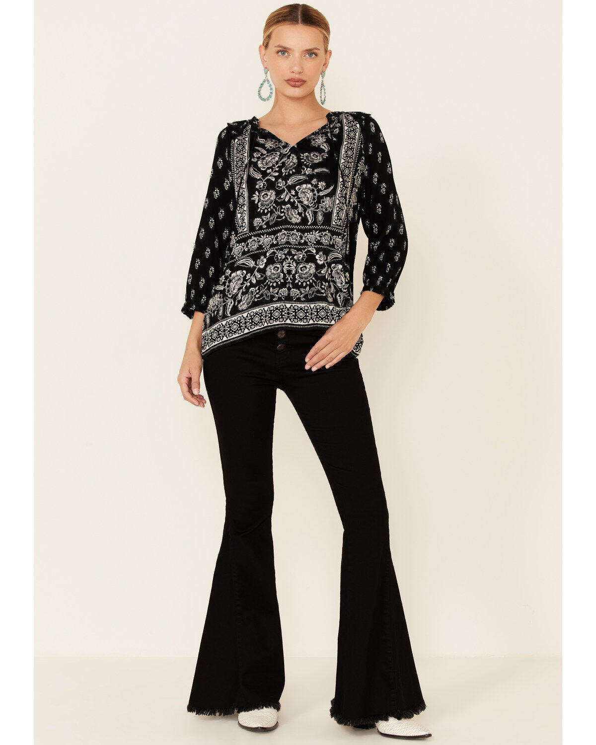 Women's Bila Delaney Two-Tone Print 3/4 Sleeve Peasant Top