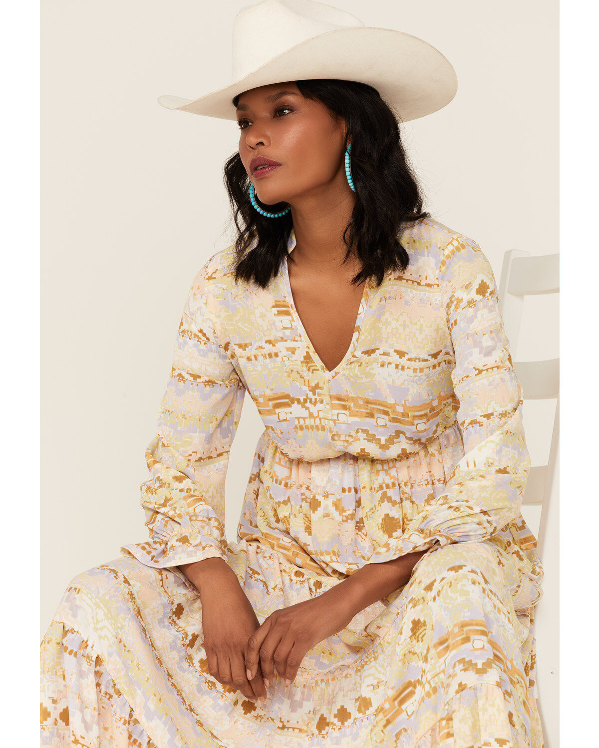 Women's Shyanne Watercolor Southwestern Maxi Long Sleeve Dress