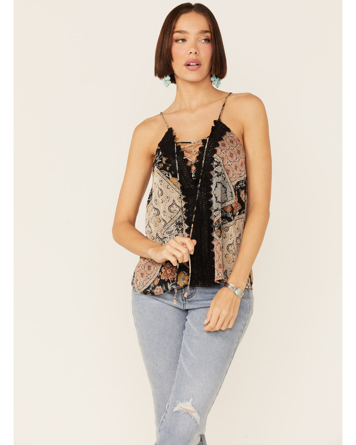 Women's Miss Me Multicolored Patchwork Lace Tank