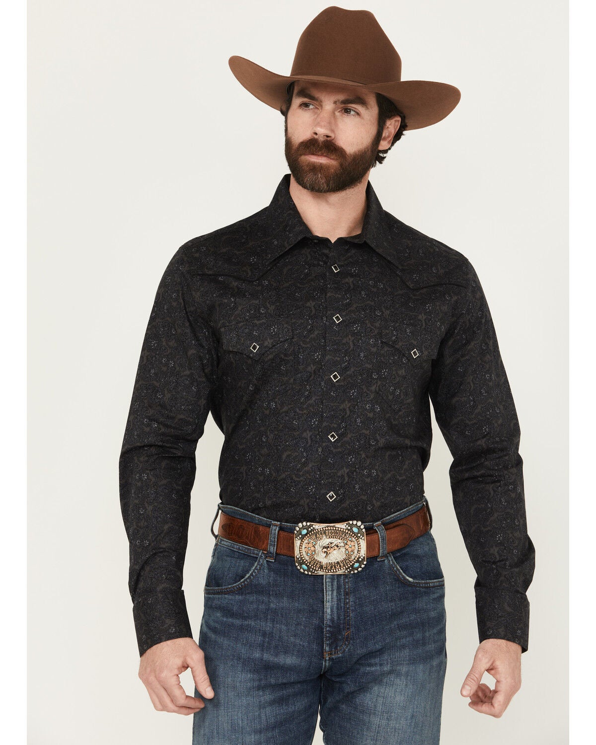 Men's Rock & Roll Denim Paisley Print Long Sleeve Snap Stretch Western