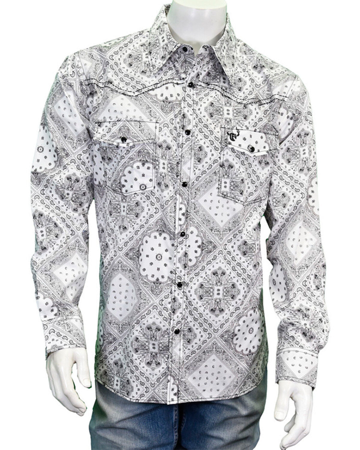 Men's Cowboy Hardware Bandana Print Long Sleeve Pearl Snap Western Shi