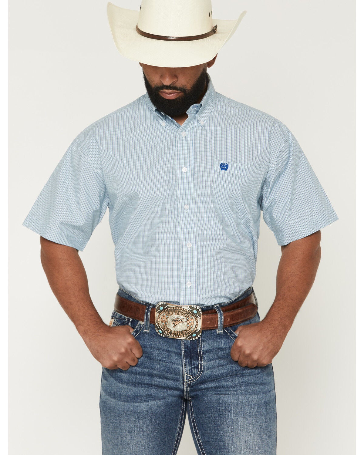 Men's Cinch Micro Plaid Print Short Sleeve Button-Down Western Shirt