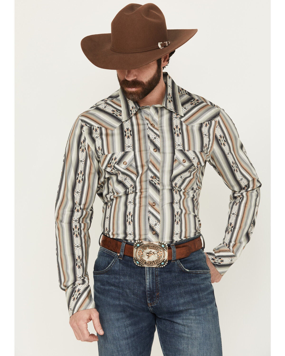 Men's Rock & Roll Denim Southwestern Striped Long Sleeve Snap Stretch