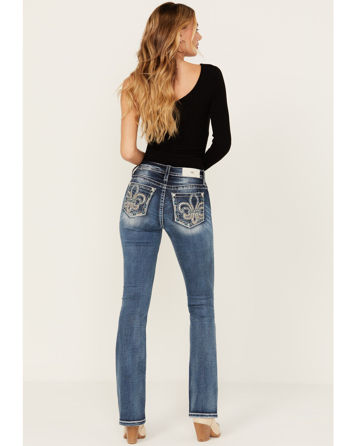 Women's Miss Me Dark Wash Mid Rise Fleur de Lis Bootcut Stretch Denim