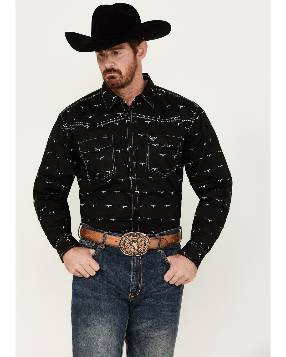 Men's Cowboy Hardware Skull Print Long Sleeve Snap Western Shirt