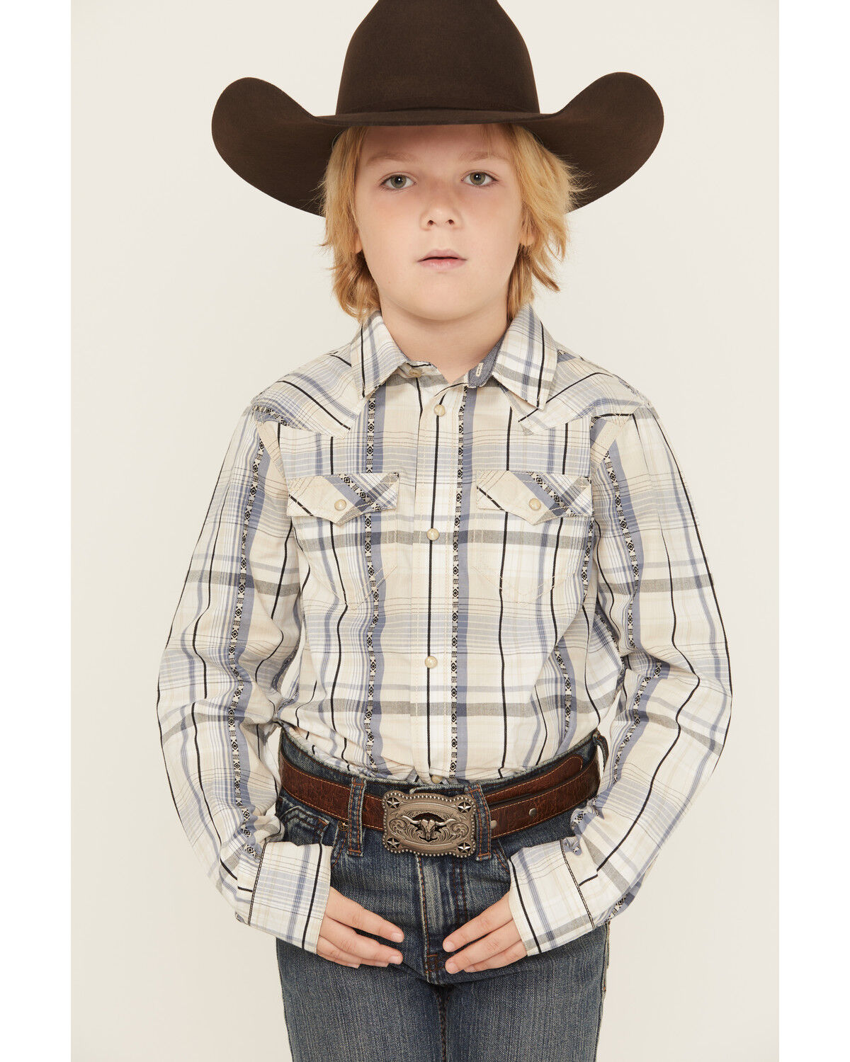 Boys' Cody James Wind Plaid Print Long Sleeve Snap Western Shirt
