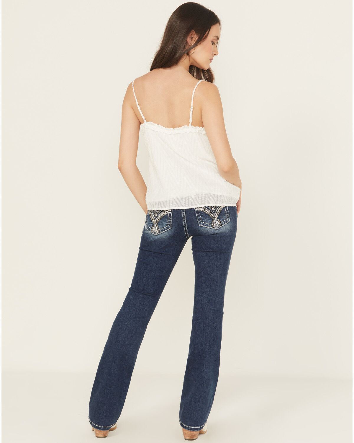 Women's Miss Me Dark Wash Mid Rise Embroidered Pocket 32" Bootcut Stre