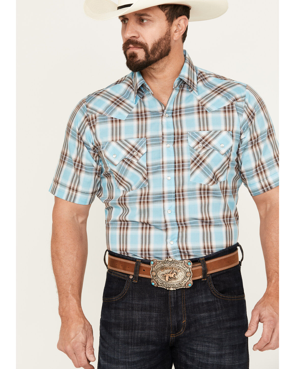 Men's Ely Walker Plaid Print Short Sleeve Pearl Snap Western Shirt