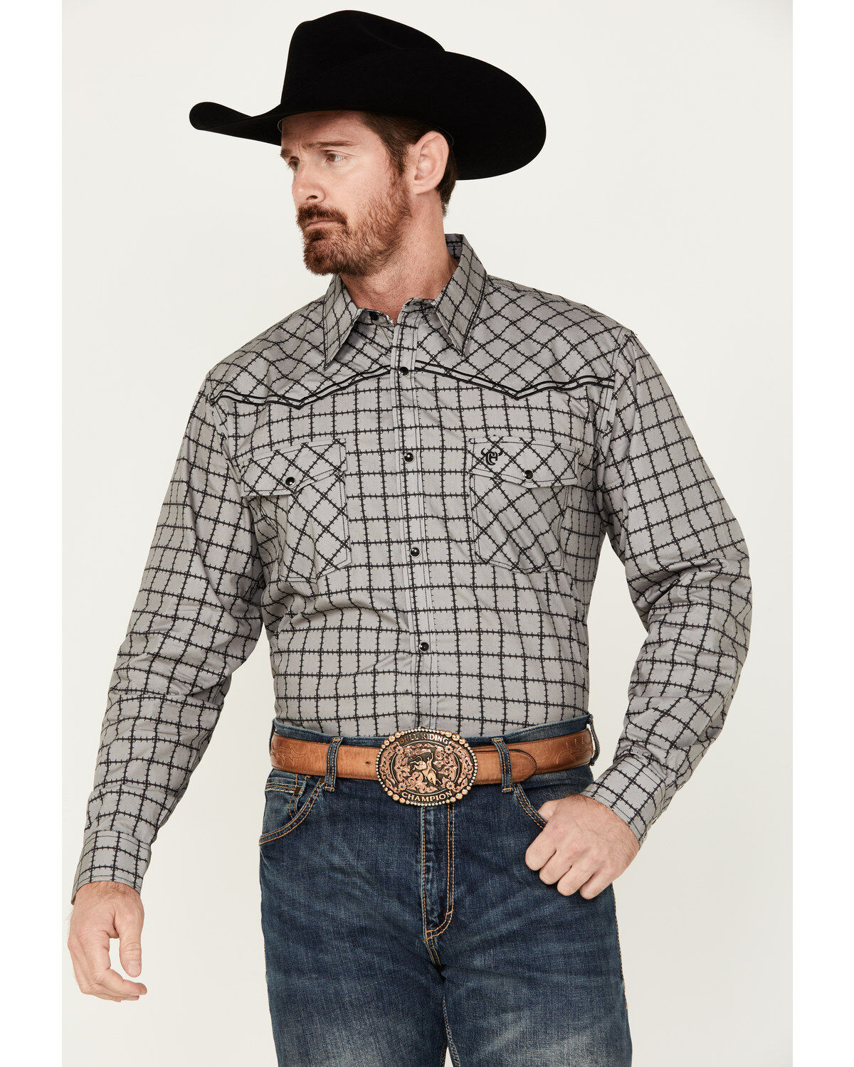 Men's Cowboy Hardware Barbed Wire Print Long Sleeve Snap Western Shirt