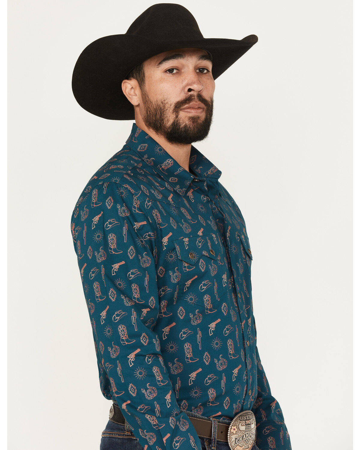 Men's Rock & Roll Denim Cowboy Print Long Sleeve Snap Stretch Western