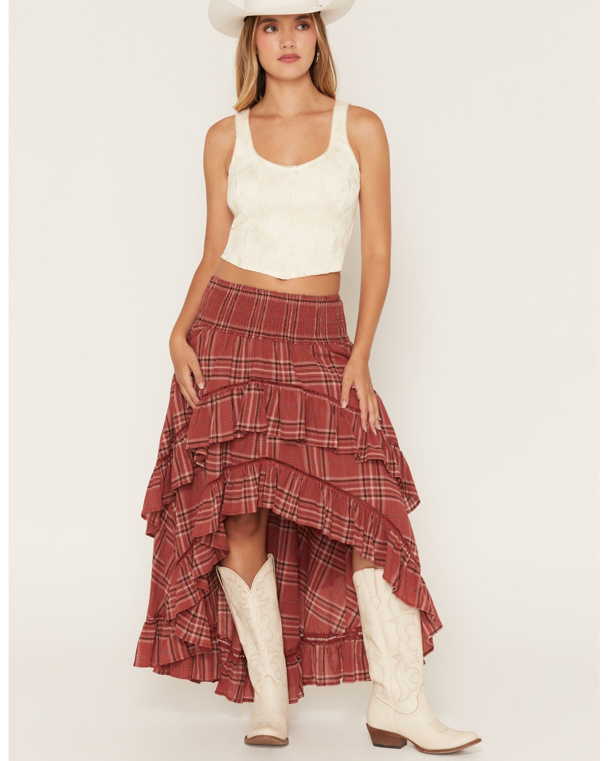Women's Cleo + Wolf Plaid Print High Low Ruffle Midi Skirt