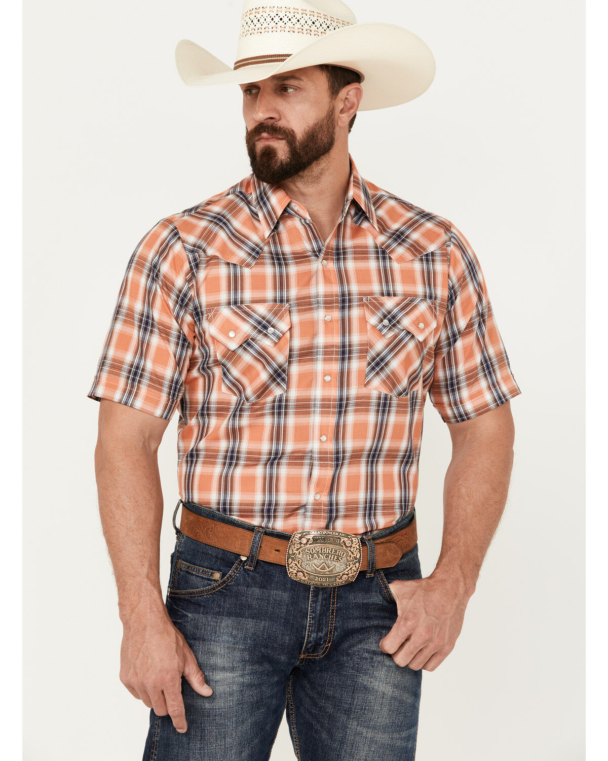 Men's Ely Walker Plaid Print Short Sleeve Pearl Snap Western Shirt