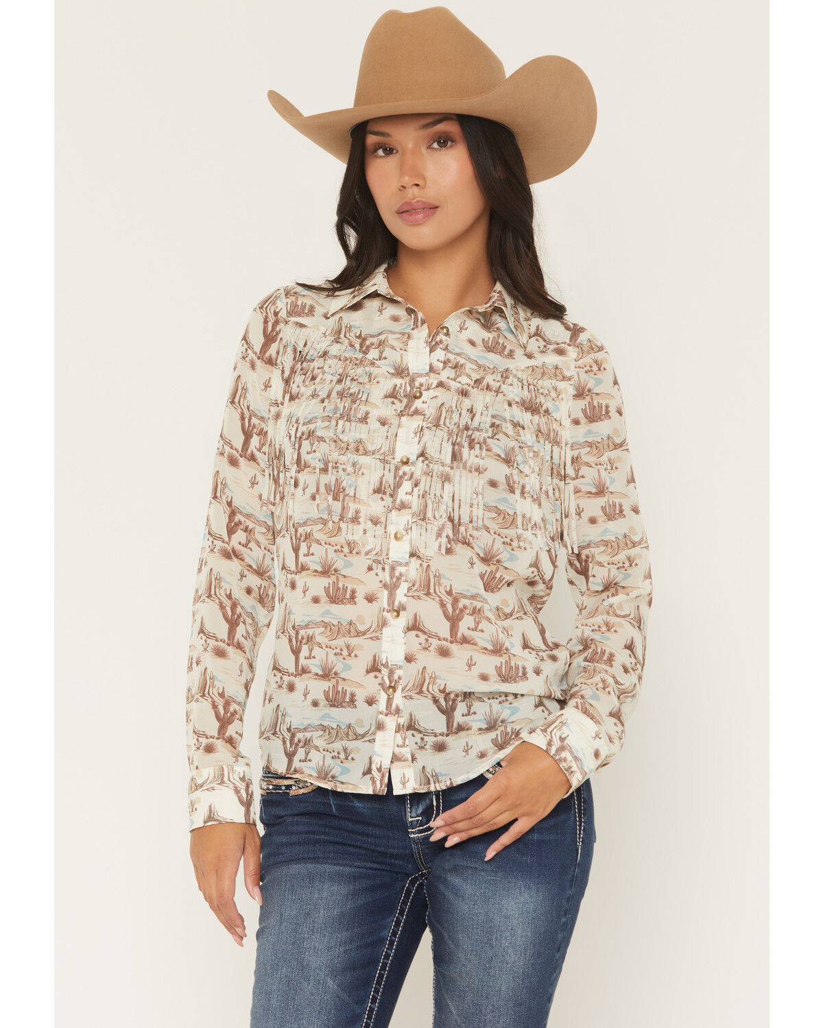 Women's Shyanne Mckean Desert Print Long Sleeve Fringe Button-Down Chi