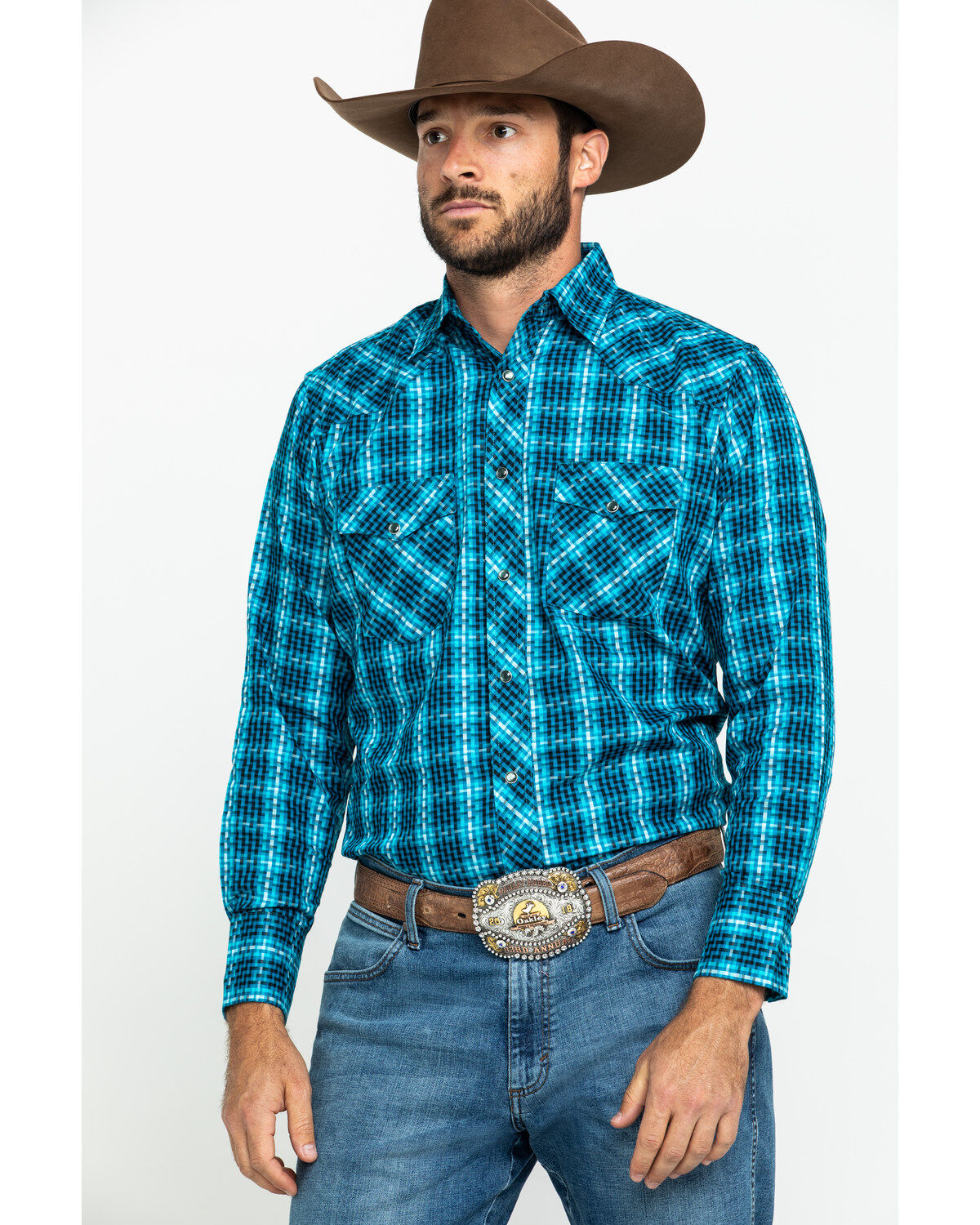 Men's Silver Wrangler Edition Teal Checotah Geo Print Long Sleeve West