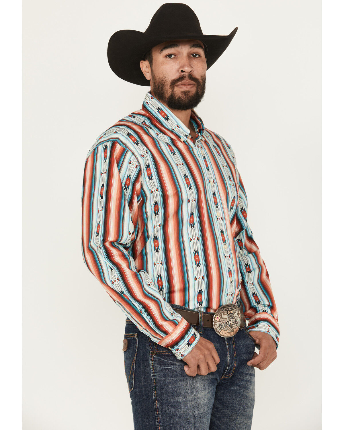 Men's Rock & Roll Denim Southwestern Serape Striped Long Sleeve Button