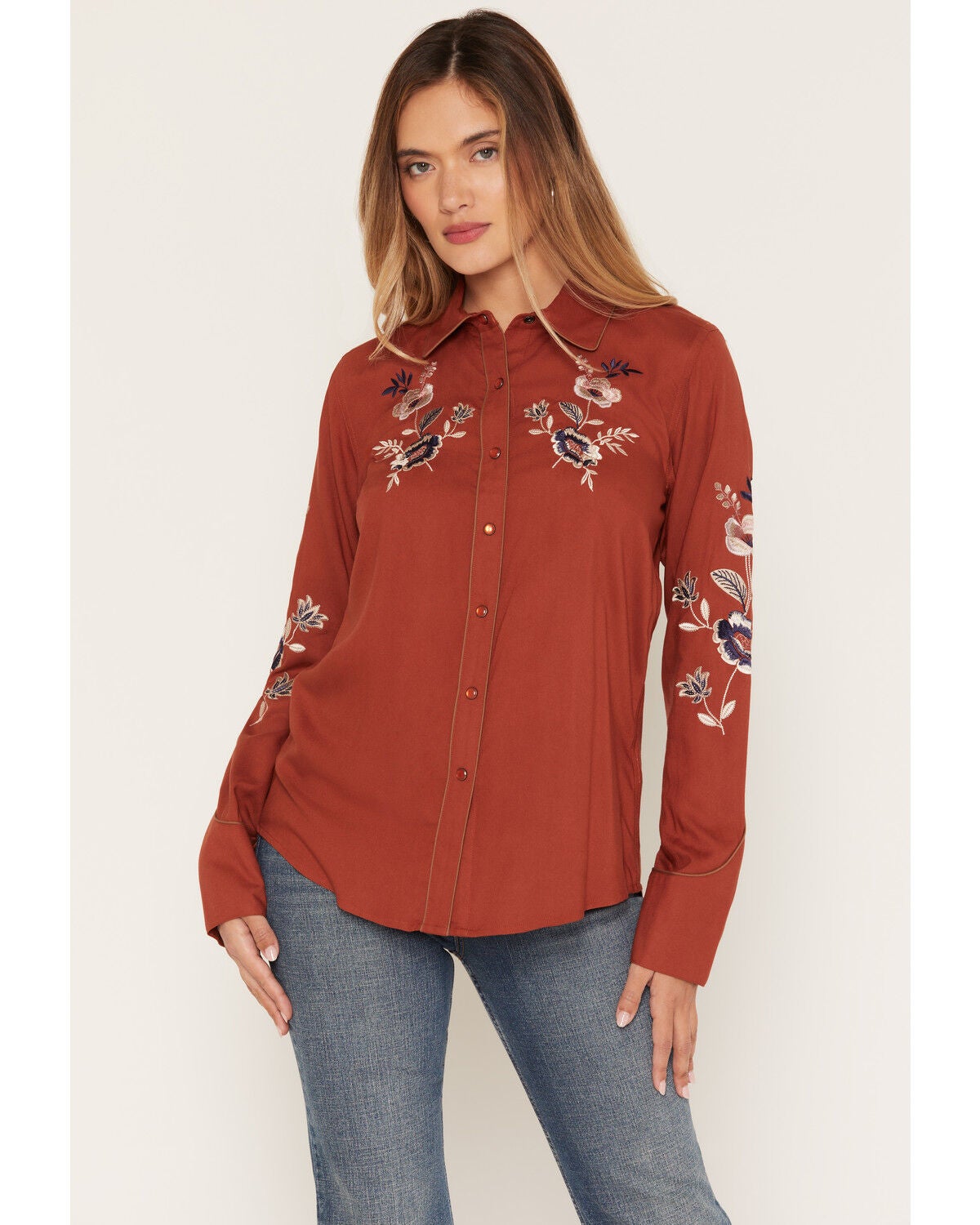 Women's Shyanne Linden Floral Embroidered Long Sleeve Pearl Snap Weste