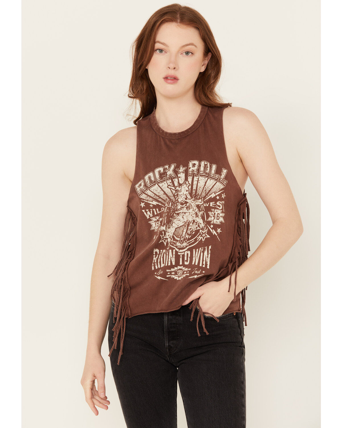 Women's Rock & Roll Denim Riding to Win Fringe Graphic Sleeveless Tank