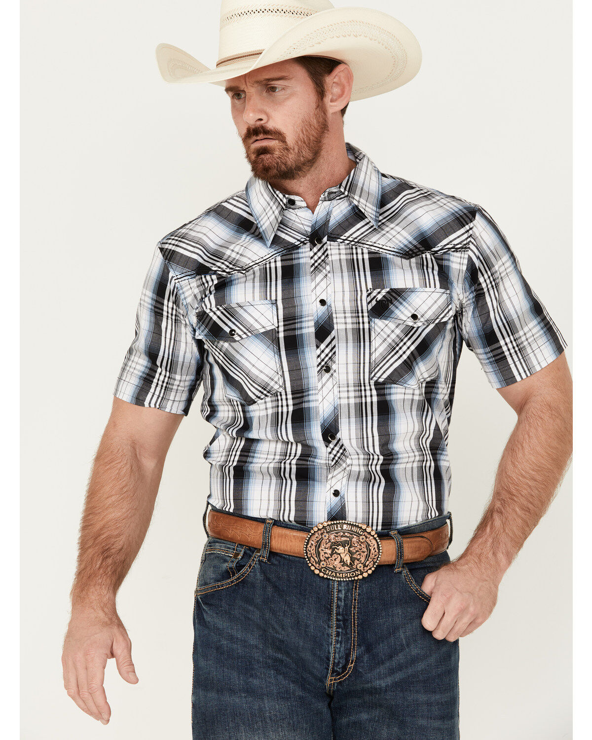 Men's Cowboy Hardware Hermosillo Gradient Plaid Print Short Sleeve Pea