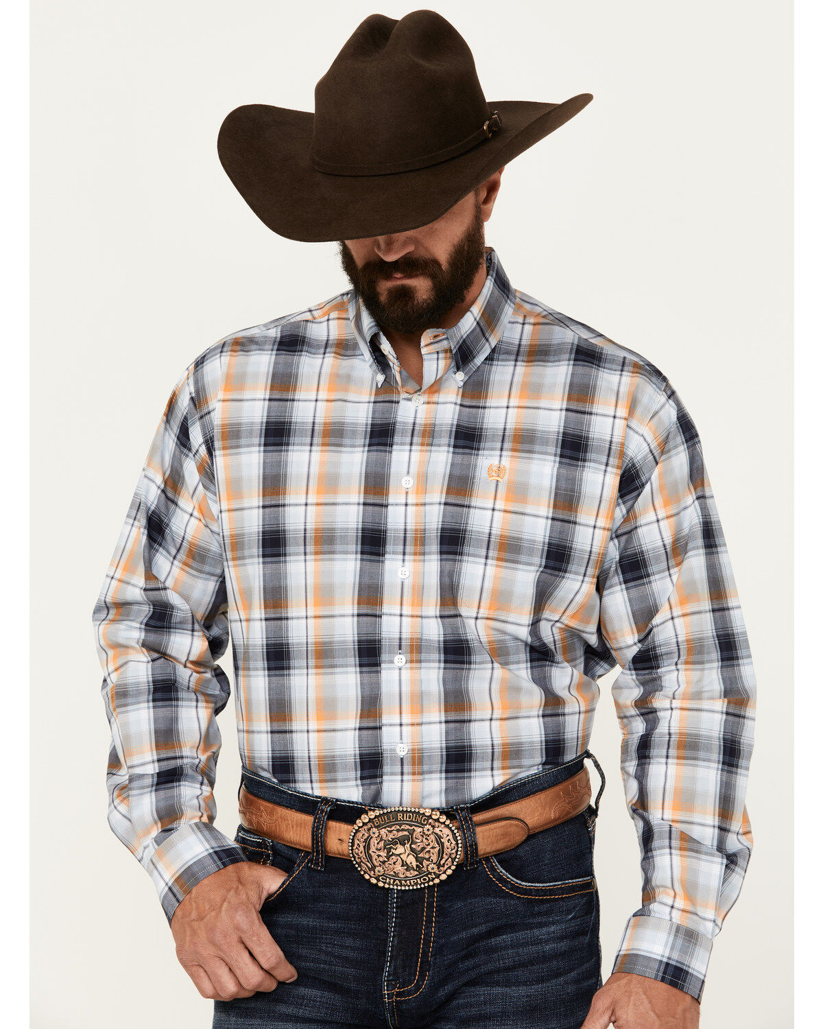 Men's Cinch Plaid Print Long Sleeve Button-Down Western Shirt