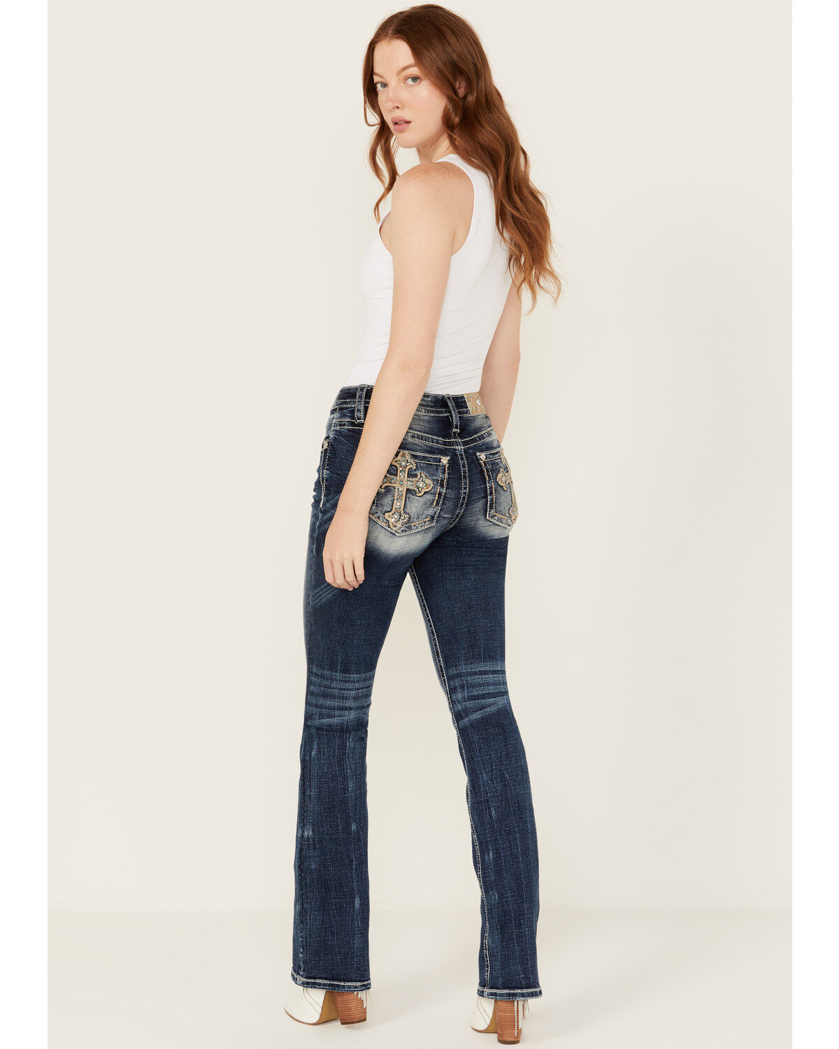 Women's Miss Me Dark Wash Cross Pocket Mid Rise Bootcut Stretch Denim