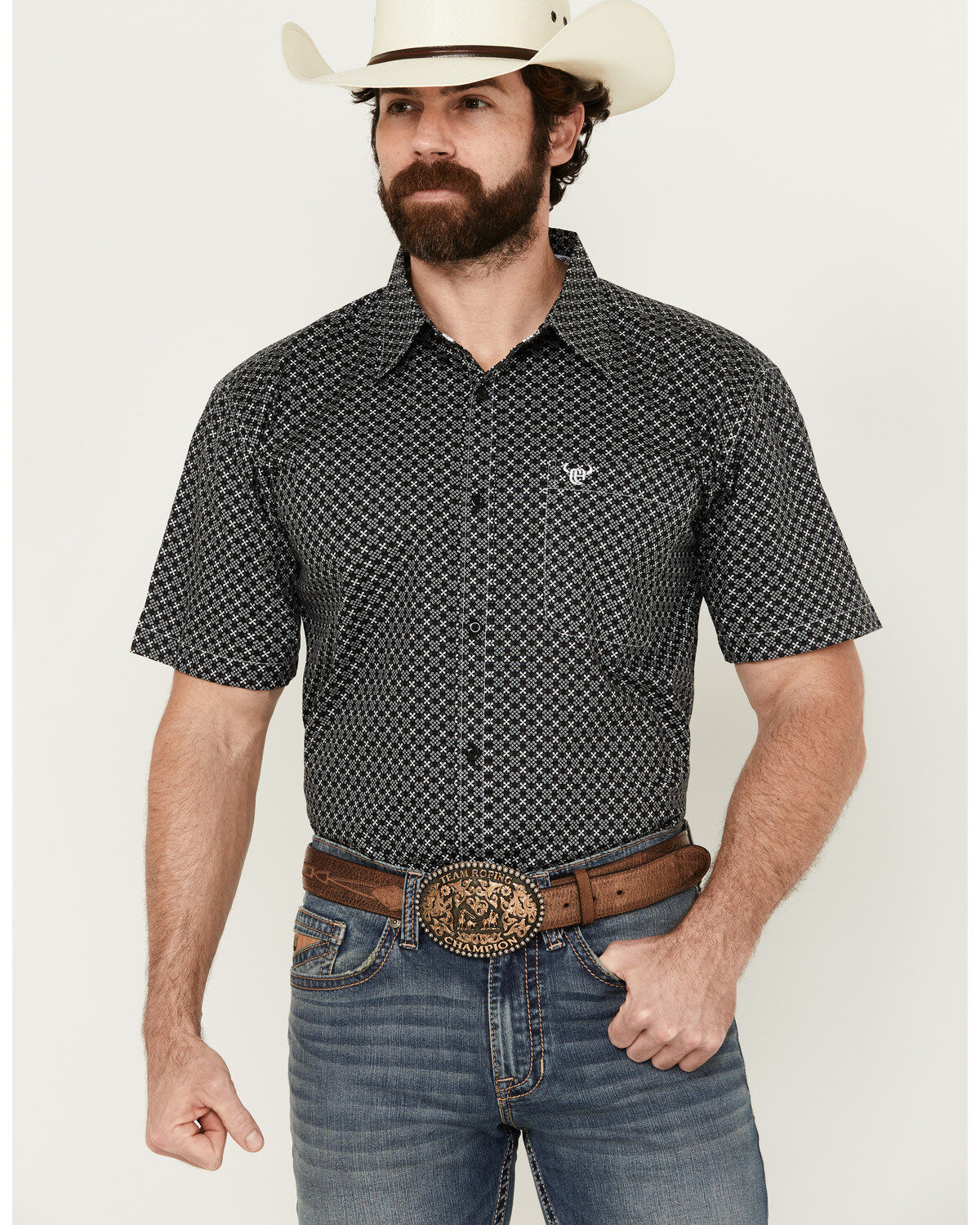 Men's Cowboy Hardware Geo Floral Print Short Sleeve Button-Down Wester