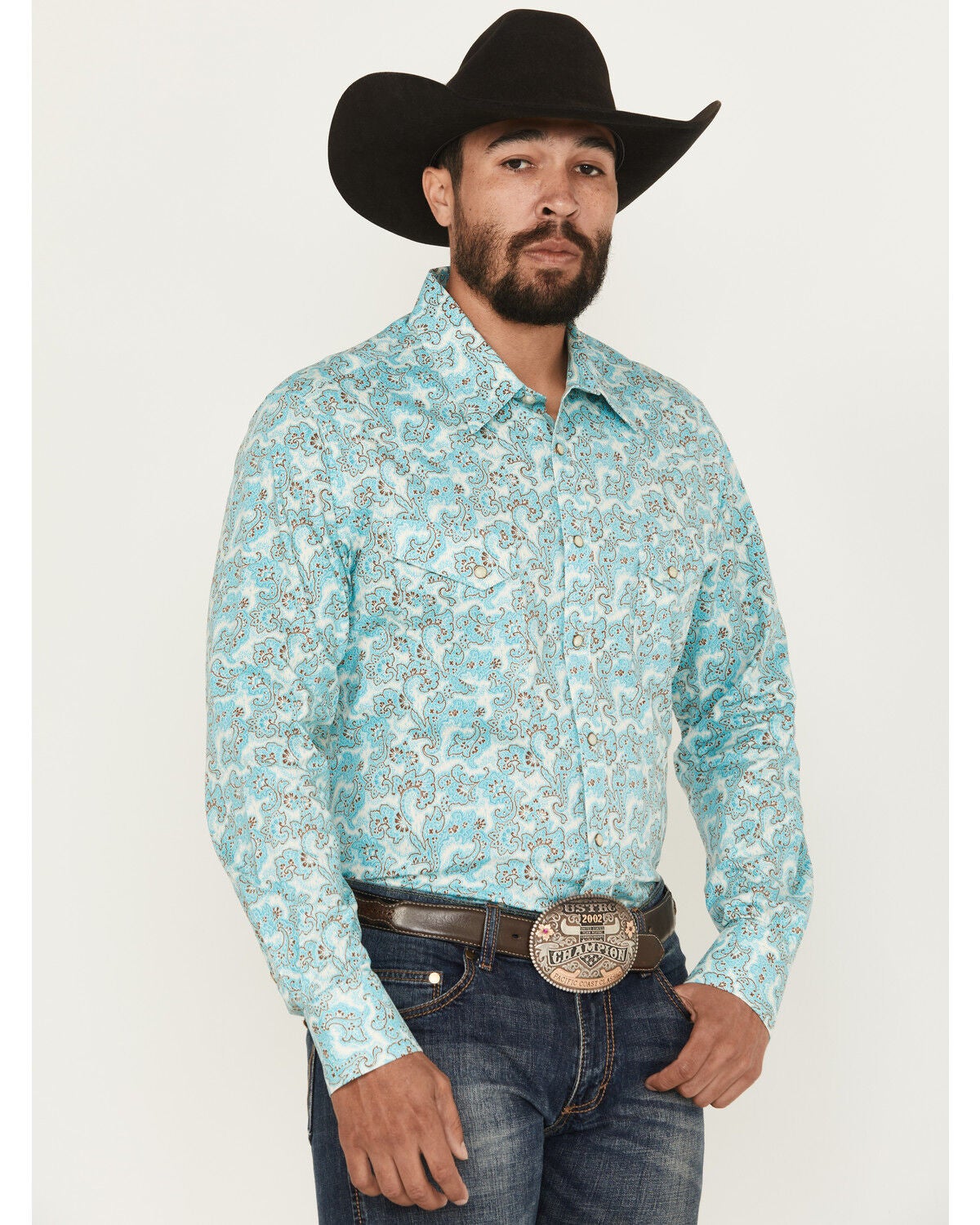 Men's Rock & Roll Denim Paisley Print Long Sleeve Snap Stretch Western