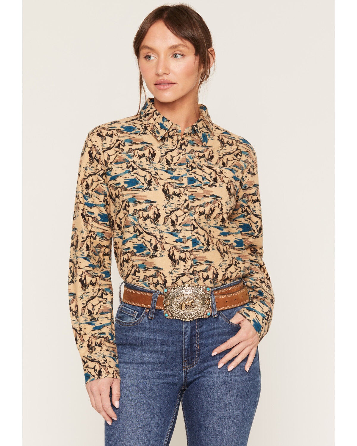 Women's Shyanne Cutler Horse Print Long Sleeve Relaxed Flannel Shirt