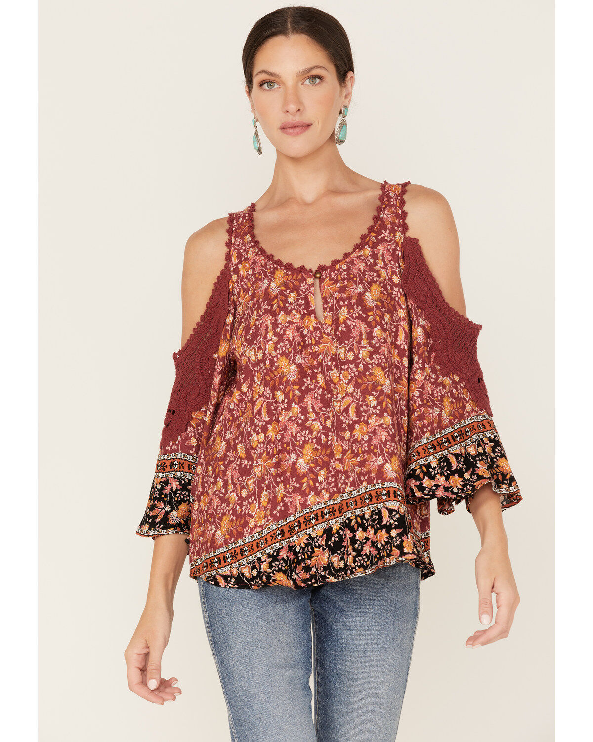Women's Wild Moss Floral Print Cold Shoulder Top