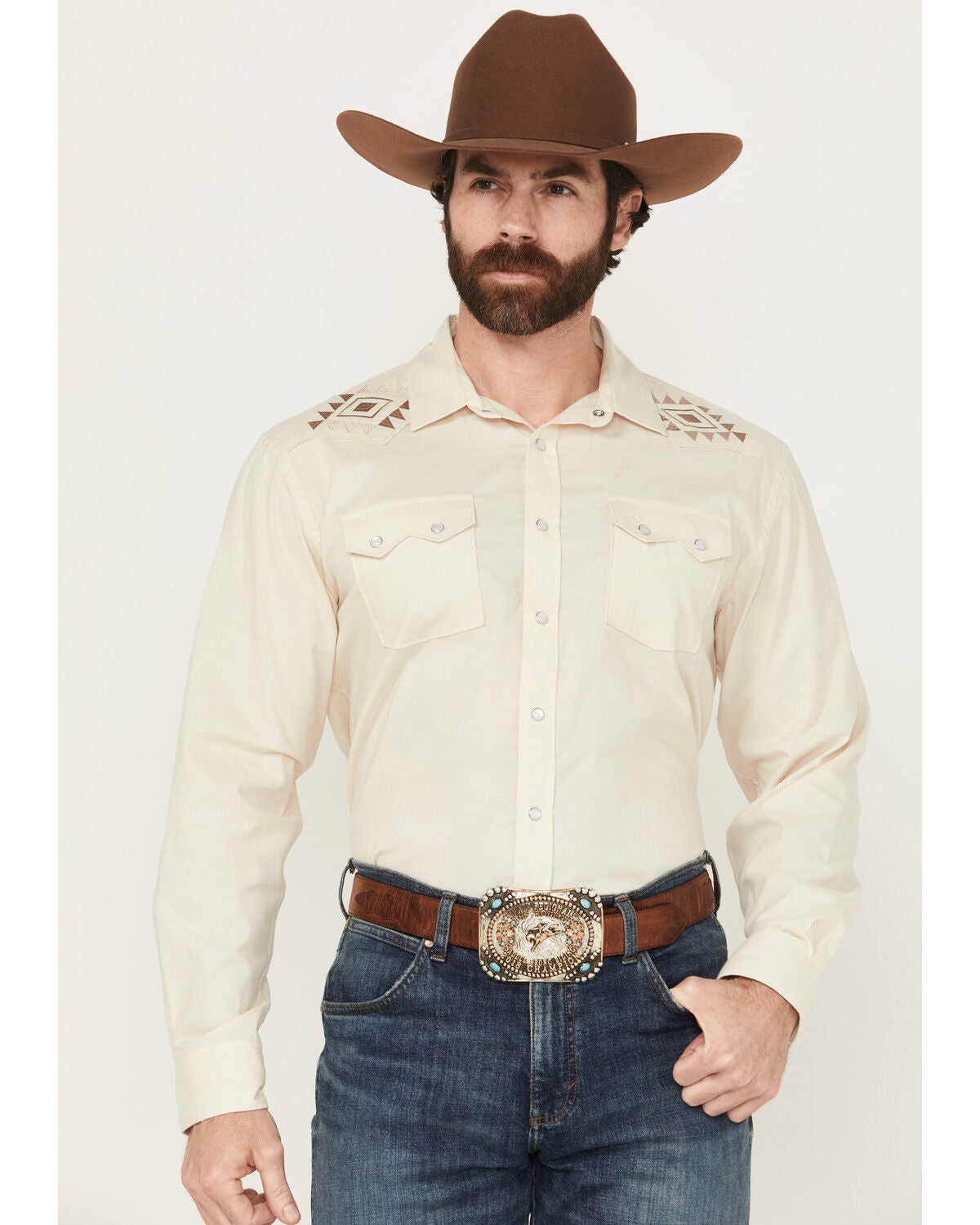 Men's Panhandle Solid Embroidered Long Sleeve Snap Western Shirt