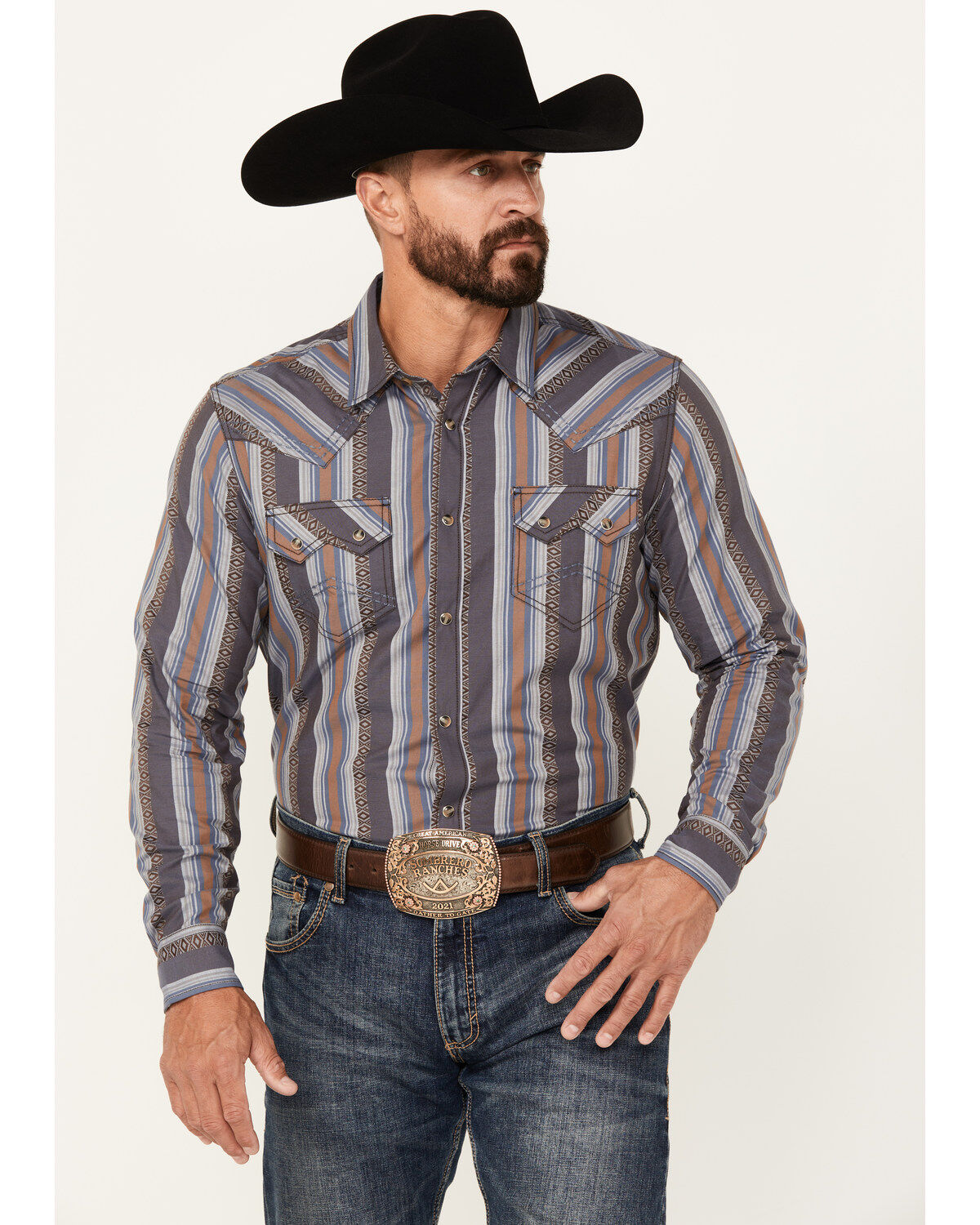 Men's Cody James Saddle Up Striped Print Long Sleeve Snap Western Shir