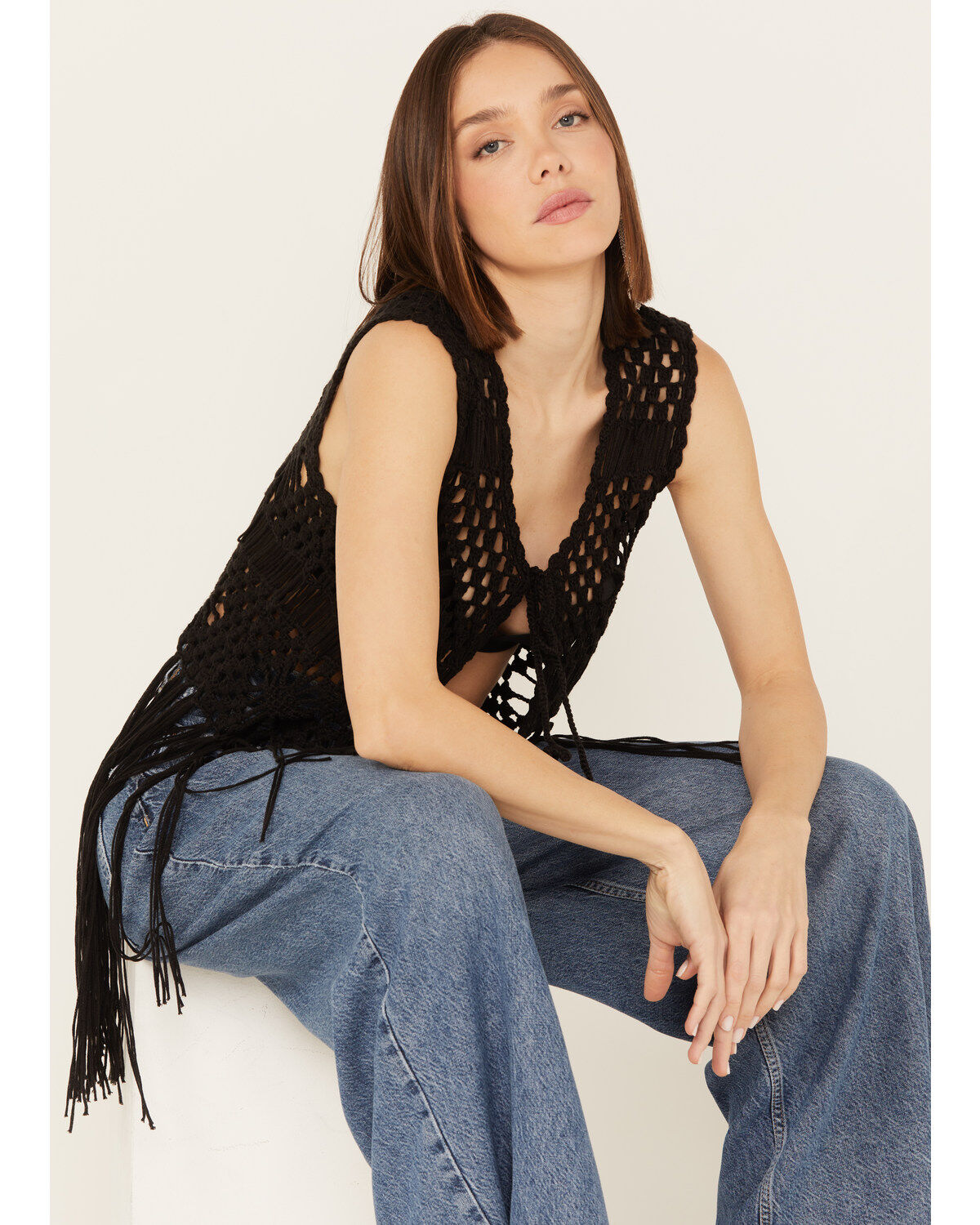 Women's Rock & Roll Denim Crochet Fringe Sleeveless Vest