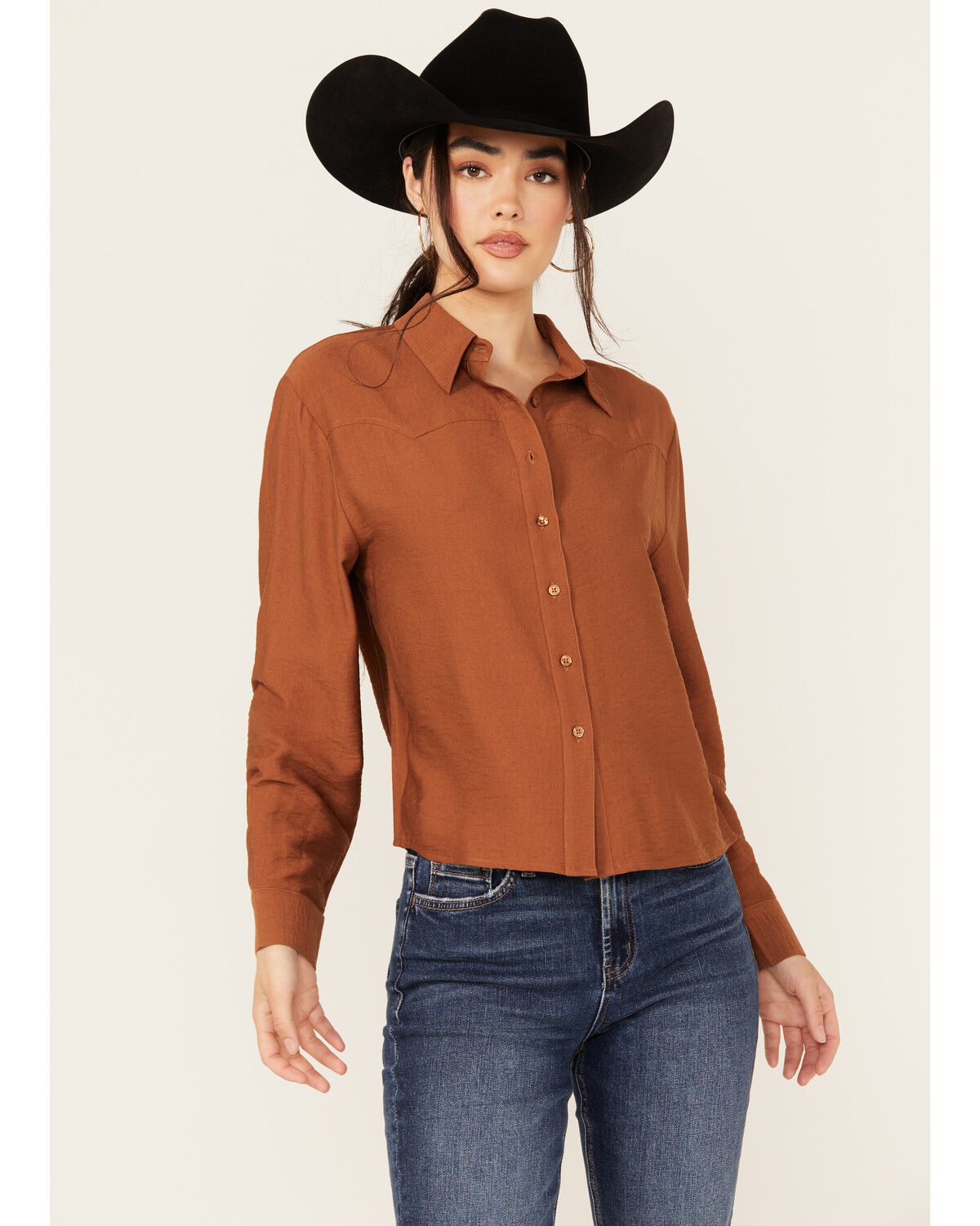 Women's Evergreen Solid Long Sleeve Button-Down Western Shirt