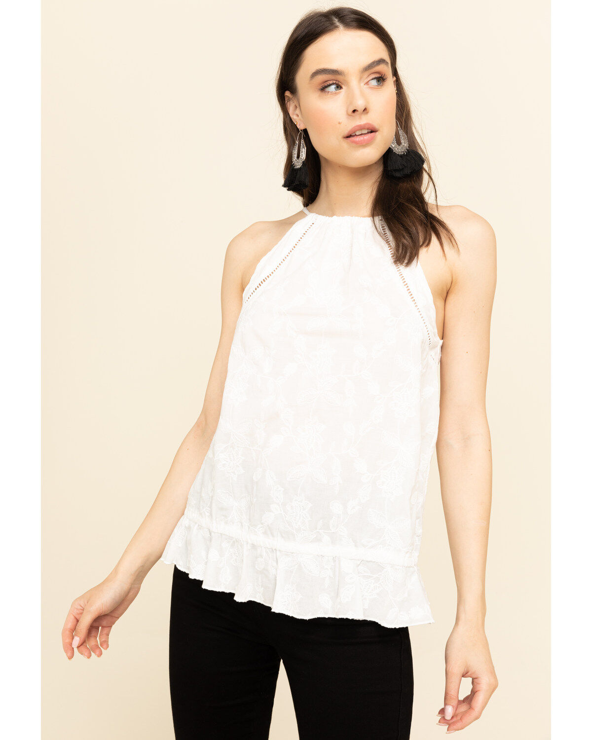 Women's Rock & Roll Denim Ivory Floral Embroidered Halter Top
