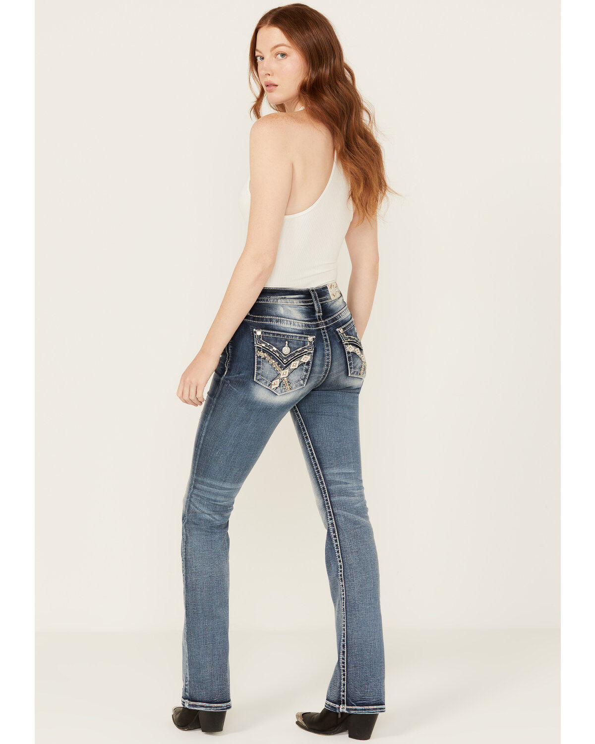 Women's Miss Me Medium Wash Geometric Braid Mid Rise Bootcut Stretch D