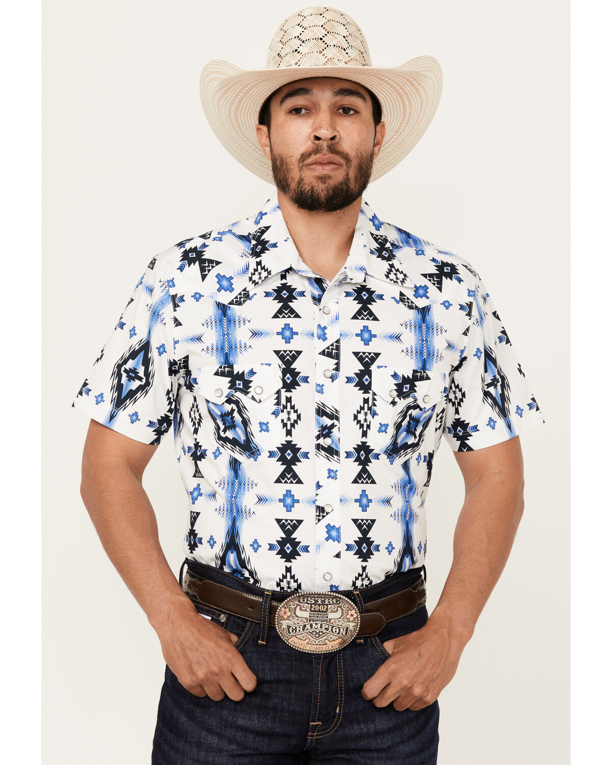 Men's Rock & Roll Denim Southwestern Print Short Sleeve Snap Stretch W