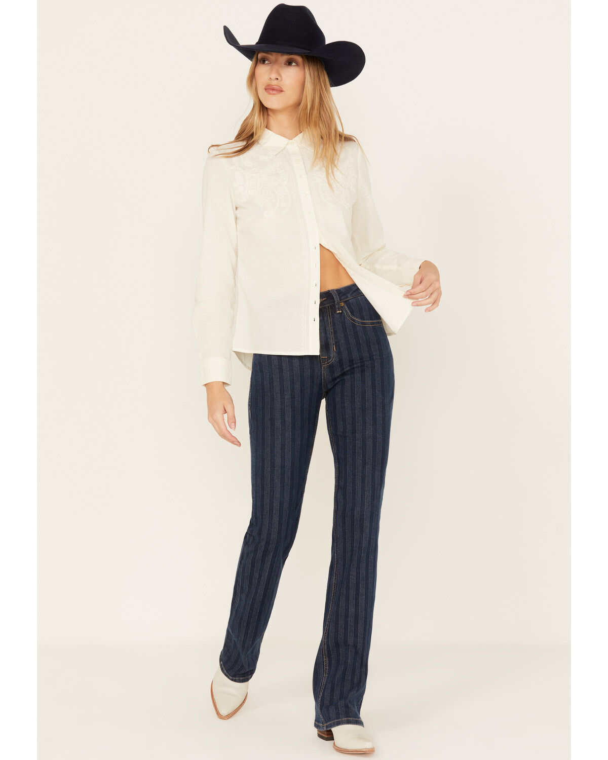 Women's Rock & Roll Denim Dark Wash Stripe Print High Rise Stretch Boo