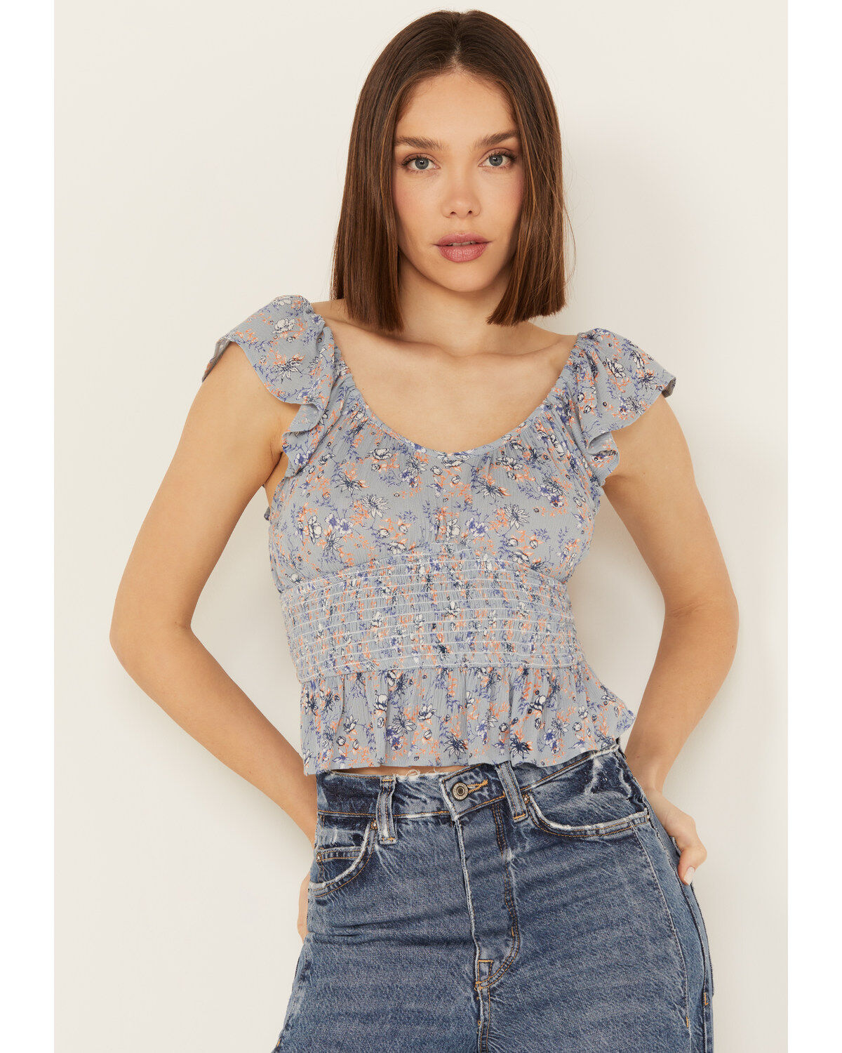 Women's Rock & Roll Denim Floral Flutter Sleeveless Top