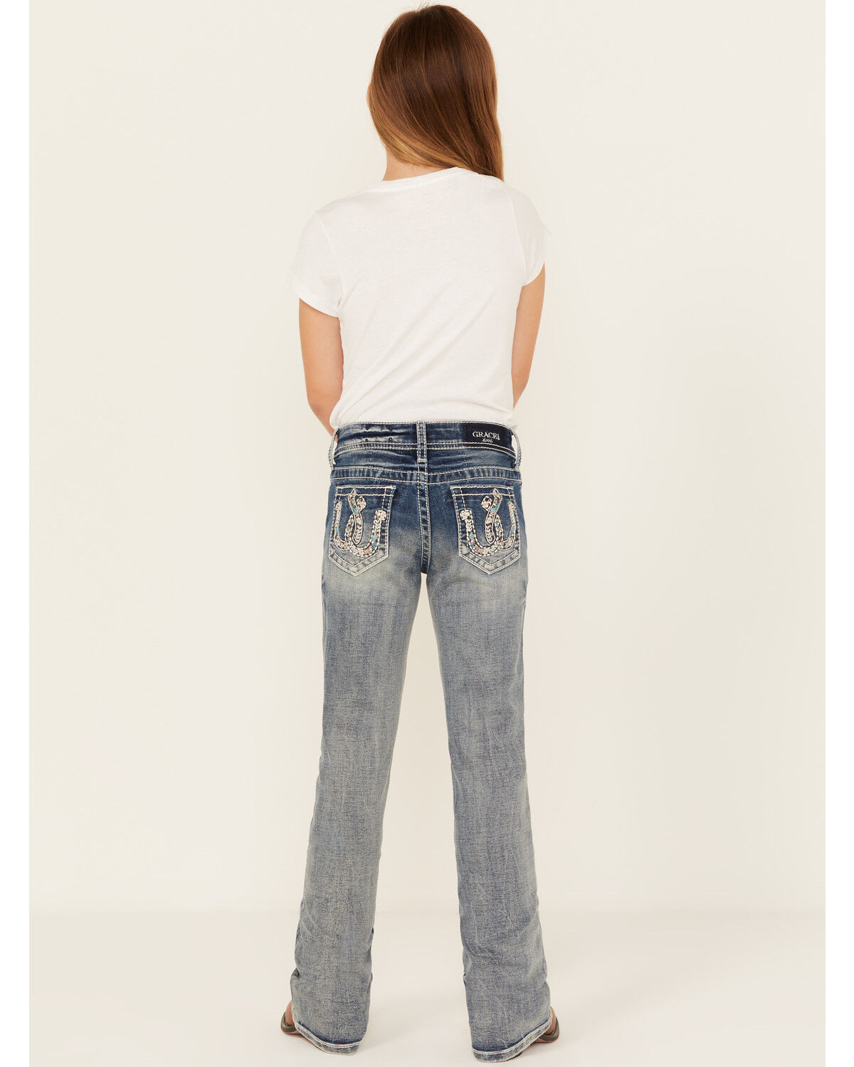 Girls' Grace In LA Double Horseshoe Embroidered Bootcut Stretch Denim