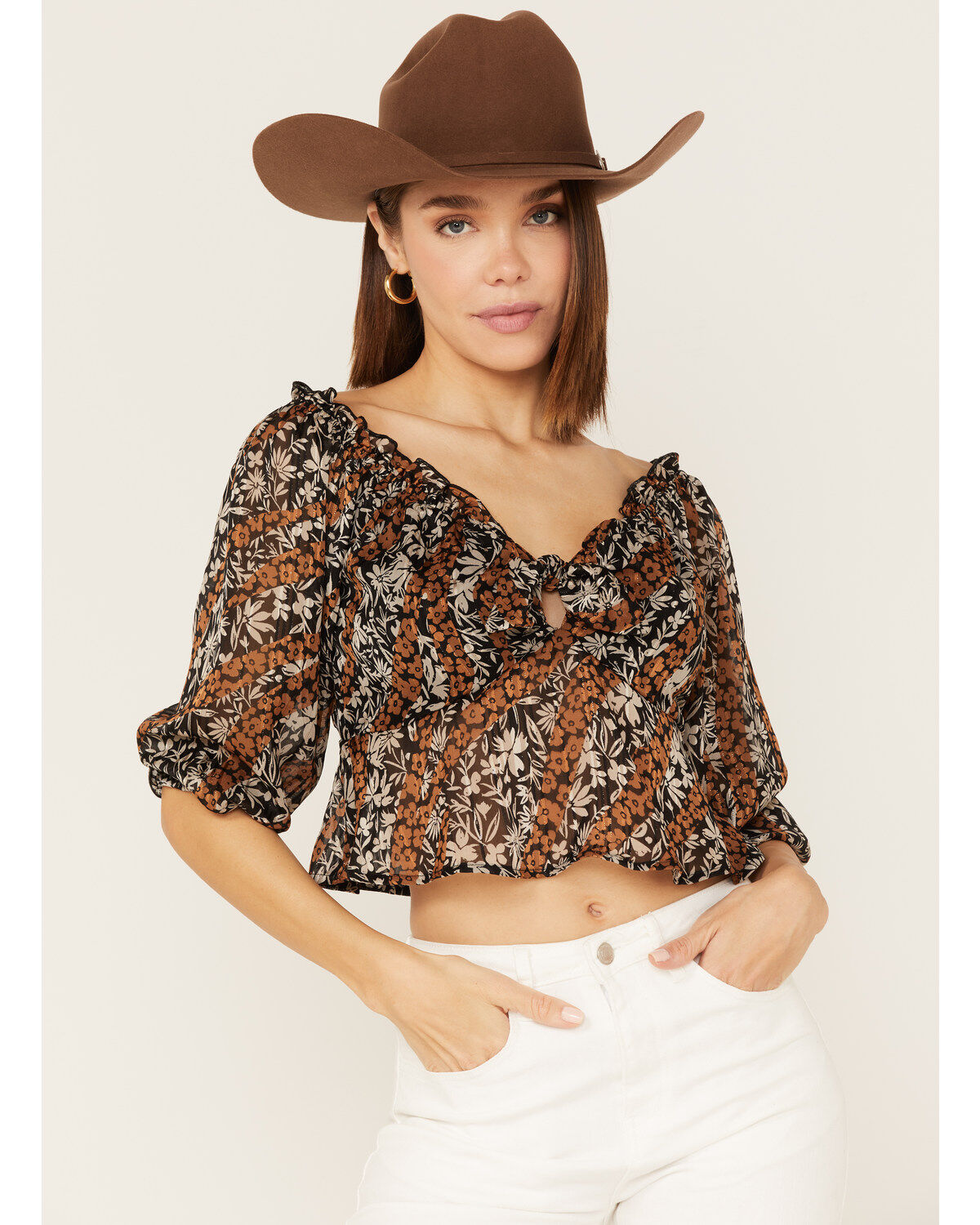 Women's Wild Moss Floral Print Tie-Front Peplum Crop Top